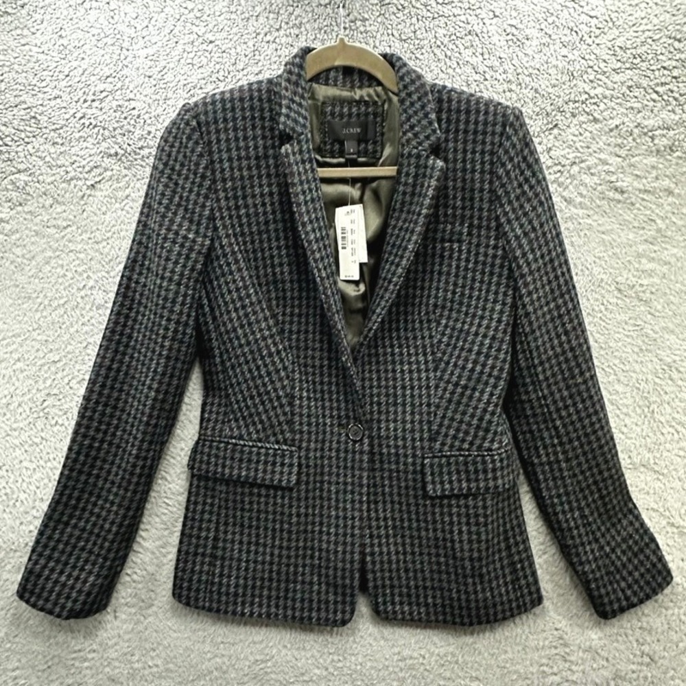 NWT J.Crew Women's 2 Wool Houndstooth One Button Blazer Jacket Navy Green Lined